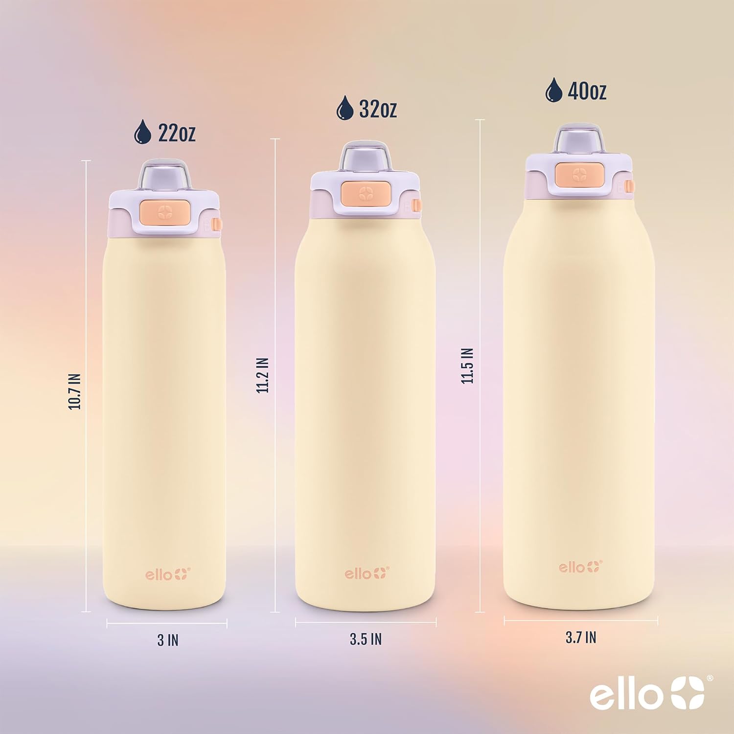 Ello Pop & Fill Insulated Stainless Steel Water Bottle with Quick Fill Lid, Leakproof Locking, Sip or Chug Spout, BPA-Free, Double Wall Vacuum Insulated for Sports, Travel & School- 22oz / 32oz / 40oz