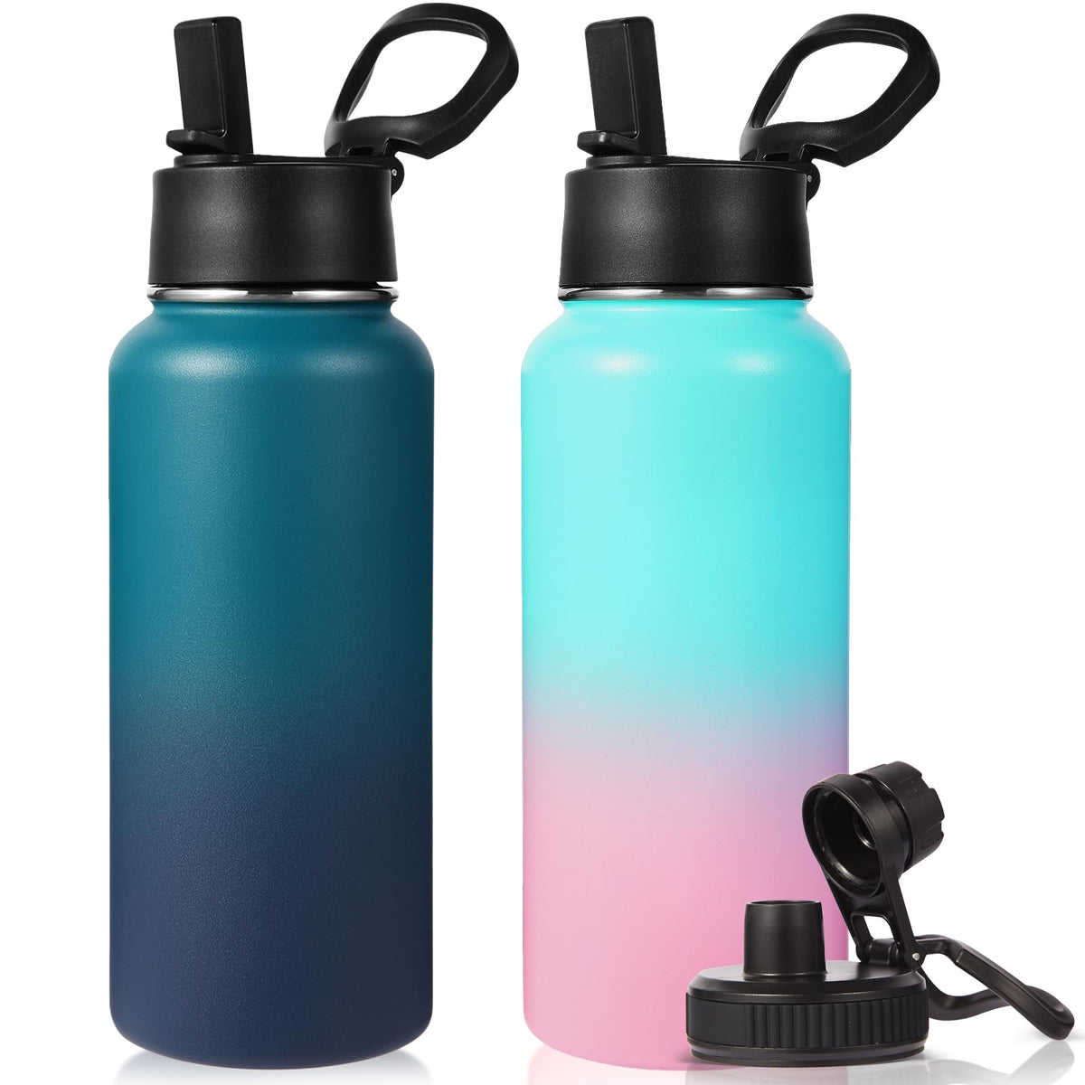 Neihepal 32 oz Insulated Water Bottles Bulk with 2 Lids (Straw & Spout Lid), Stainless Steel Double Wall Water Bottle, Keeps Cold 24H & Hot 12H (Eight Color,8 Pack)