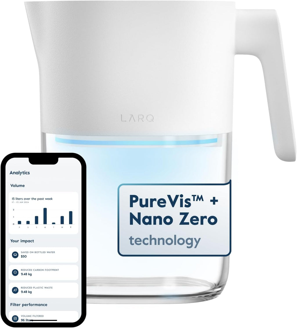 LARQ Hydrated Cheer Gift Set Pitcher PureVis 1.9L, Self-Cleaning UV Water Filter Pitcher for Tap and Drinking Water + Swig Top 34oz, Insulated Water Bottle With Built-In Silicone Handle