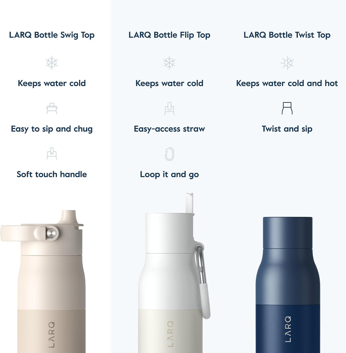 LARQ Twice as Nice Set Bottle Swig Top 34oz - Insulated Stainless Steel Water Bottle With Built-In Silicone Handle, Mojave Dune & Obsidian Black
