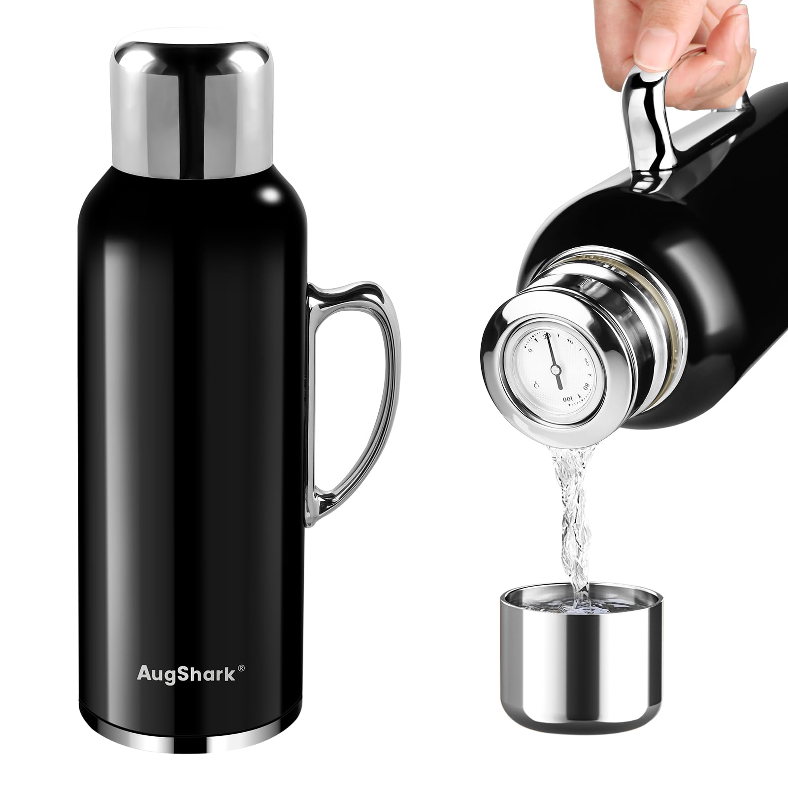 34 oz Insulated Water Bottle, Green Vacuum Stainless Steel Water Flask Jug with Handle & Metal Mechanical Temperature Measuring Cup Lid, Leakproof Travel Bottle Keep Cold 36h Hot 24h