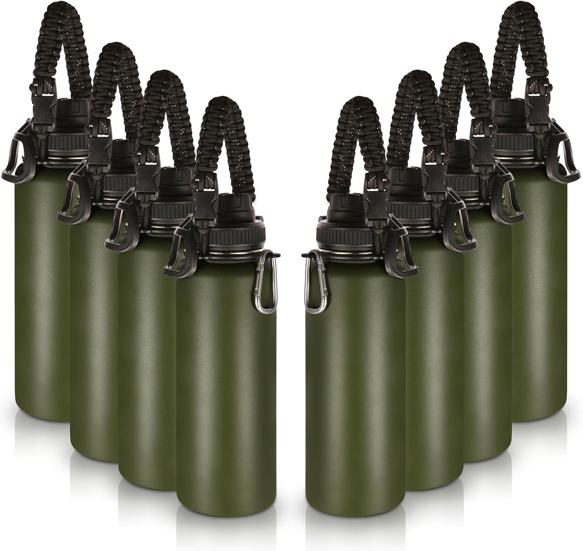 Volhoply Insulated Water Bottles Bulk 8 Pack, 40 oz Stainless Steel Sports Bottle with Paracord Handle Spout Lid, Vacuum Metal Travel Cups with Wide Mouth,Reusable Large Water Cup(Army Green,8 Set)