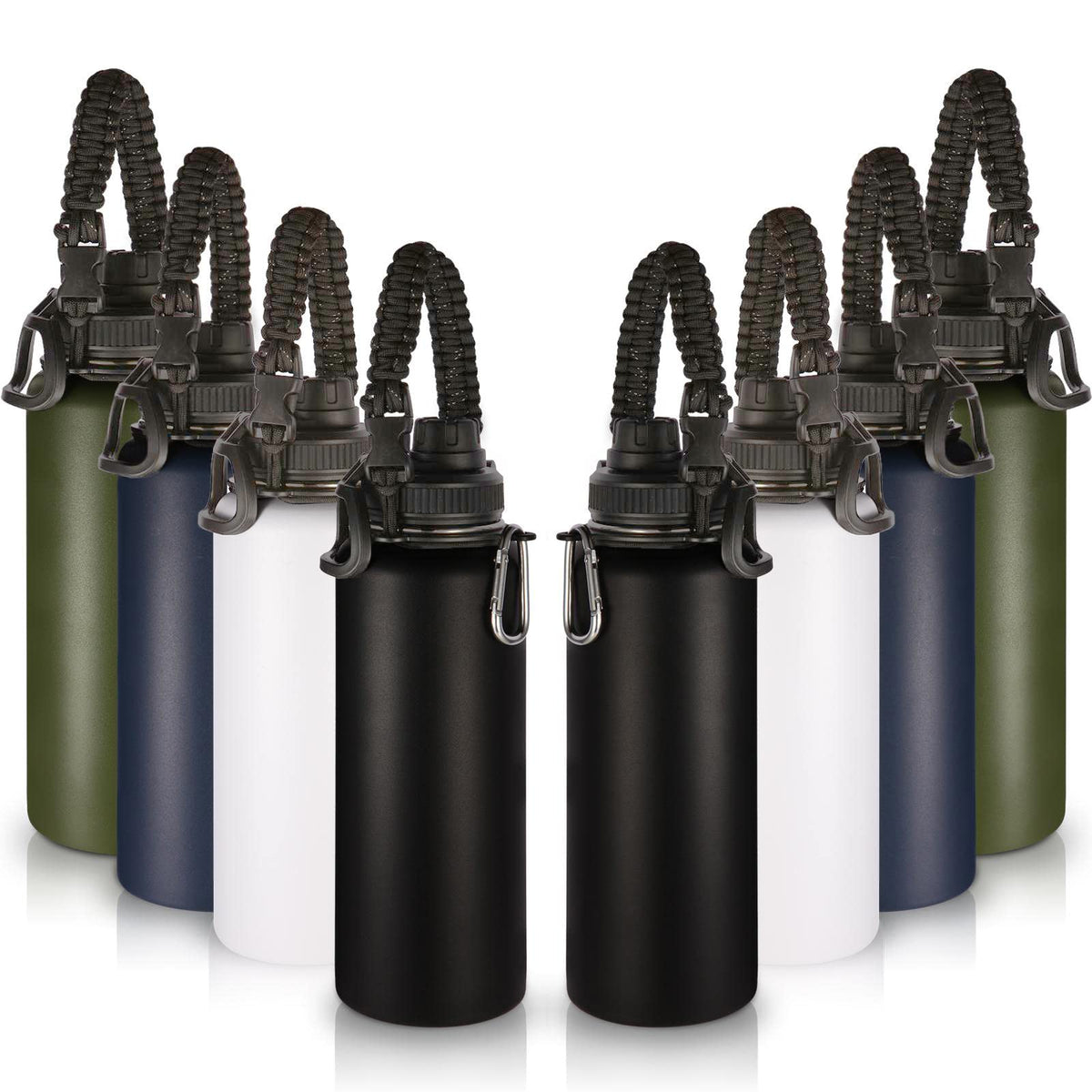 Volhoply Insulated Water Bottles Bulk 8 Pack, 40 oz Stainless Steel Sports Bottle with Paracord Handle Spout Lid, Vacuum Metal Travel Cups with Wide Mouth,Reusable Large Water Cup(Army Green,8 Set)