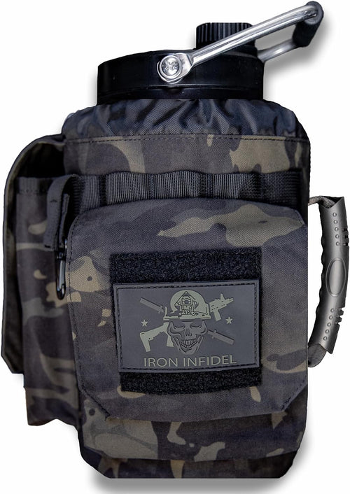 Iron Infidel Battle Bottle - One Gallon Insulated Water Bottle with Dual Carry Handles - 128 oz Tactical Stainless Steel Water Jug & Rugged Extra Large Sleeve With Storage (Black Camo 128 Ounces)