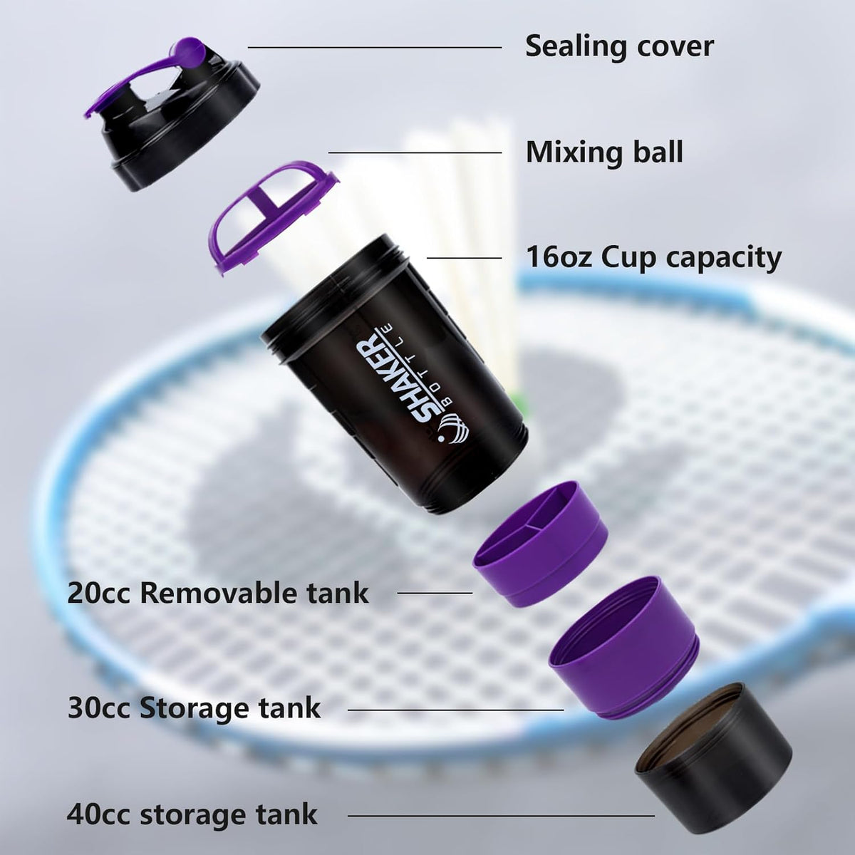 XTK Shaker Bottle Protein Shaker Bottles with Storage and Mix Ball, 16OZ Sports Water Bottle with Pill Organizer,Leak Proof Portable Shaker Bottles for Protein Mixes and Pre Work Out,BPA Free(purple)