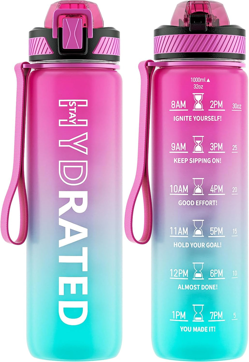 QLUR Water Bottle with Straw, 32oz Motivational Water Bottles with Time Marker to Drink, Tritan BPA Free, 1L Sports Water Bottle with Carry Strap LeakProof for Women Gym Fitness Outdoor (1 Pack)