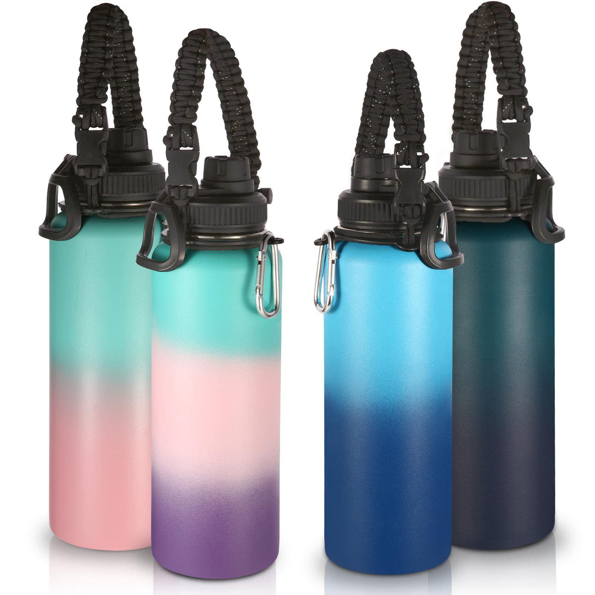 Volhoply Insulated Water Bottles Bulk 8 Pack, 40 oz Stainless Steel Sports Bottle with Paracord Handle Spout Lid, Vacuum Metal Travel Cups with Wide Mouth,Reusable Large Water Cup(Army Green,8 Set)
