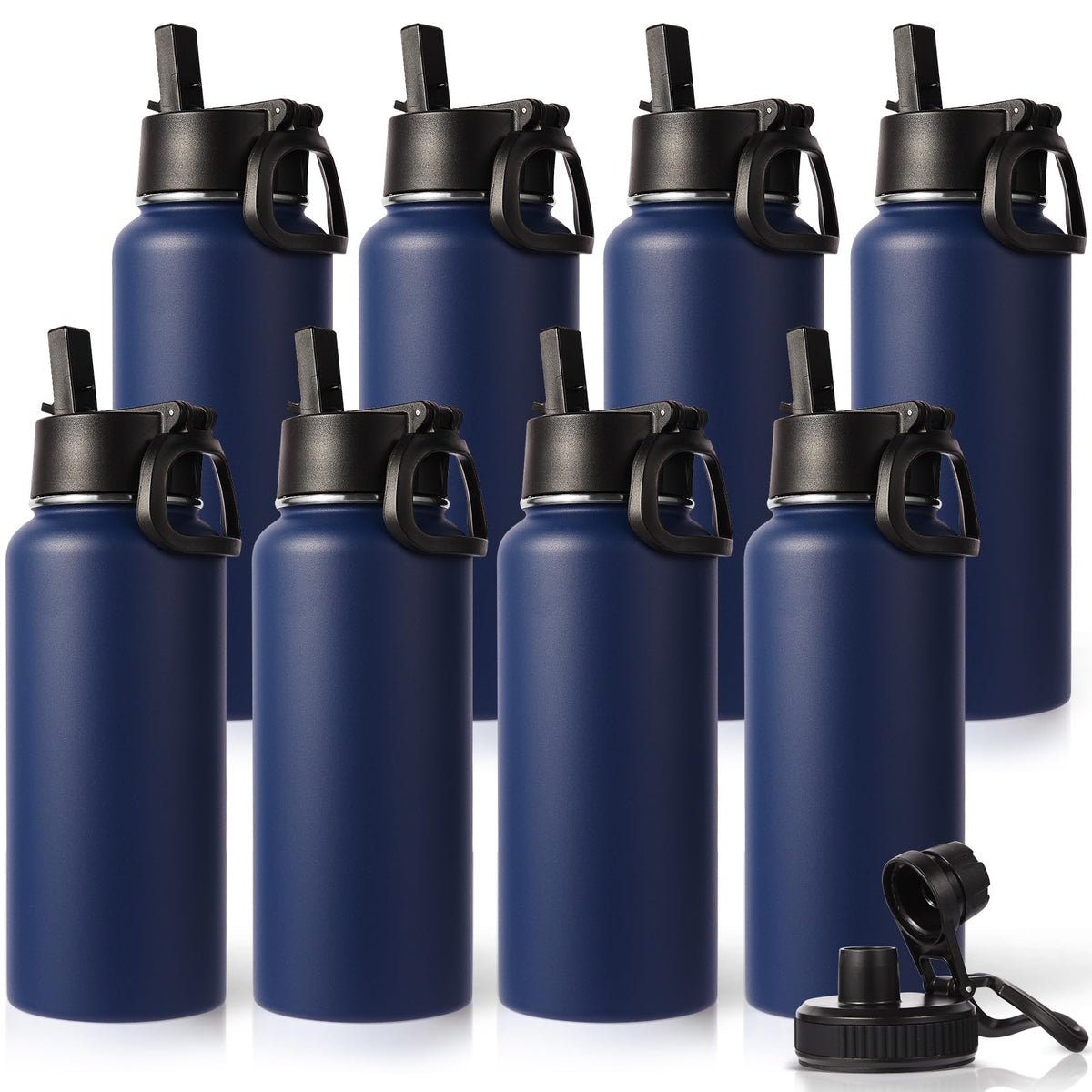 Neihepal 32 oz Insulated Water Bottles Bulk with 2 Lids (Straw & Spout Lid), Stainless Steel Double Wall Water Bottle, Keeps Cold 24H & Hot 12H (Eight Color,8 Pack)
