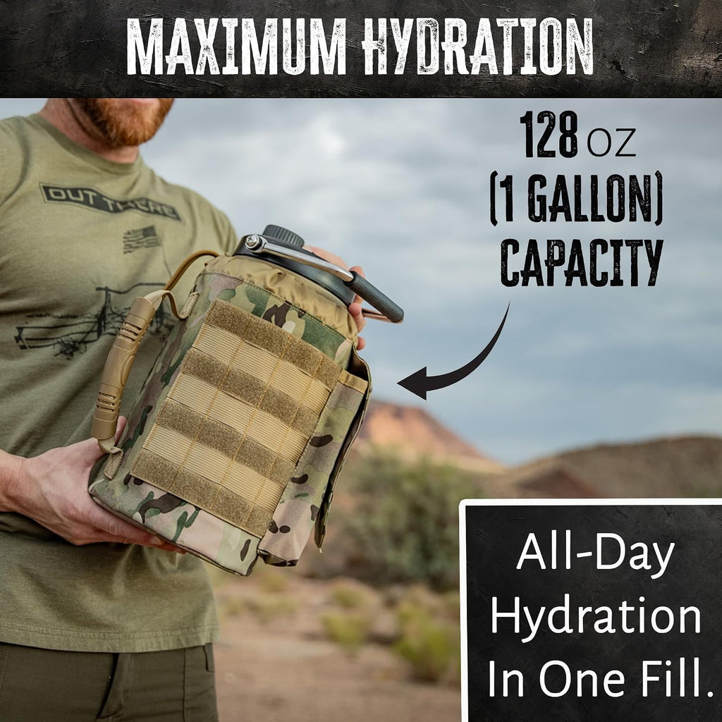 Iron Infidel Battle Bottle - One Gallon Insulated Water Bottle with Dual Carry Handles - 128 oz Tactical Stainless Steel Water Jug & Rugged Extra Large Sleeve With Storage (OCP Camo 128 Ounces)