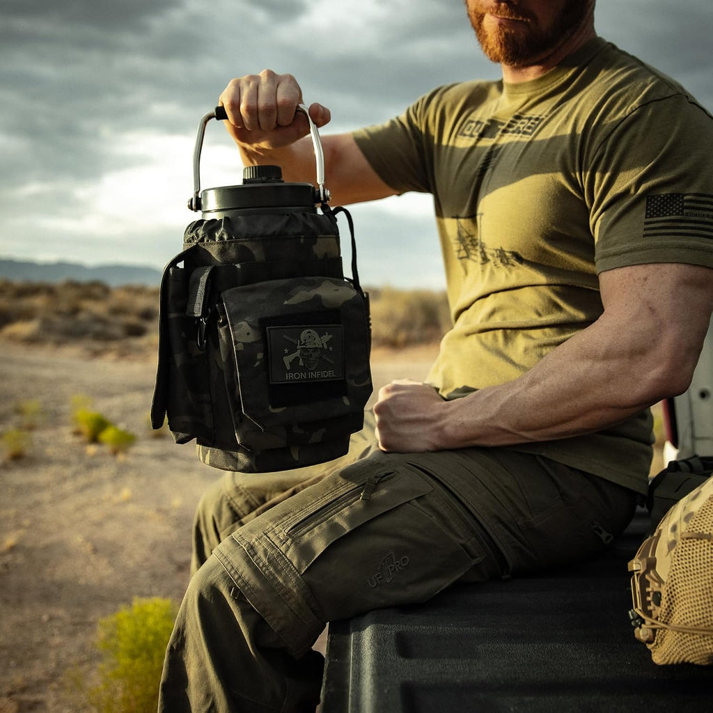Iron Infidel Battle Bottle - One Gallon Insulated Water Bottle with Dual Carry Handles - 128 oz Tactical Stainless Steel Water Jug & Rugged Extra Large Sleeve With Storage (Black Camo 128 Ounces)