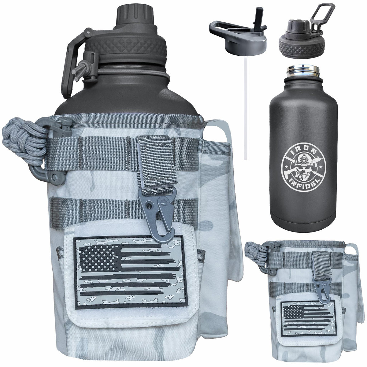 Iron Infidel Battle Bottle - One Gallon Insulated Water Bottle with Dual Carry Handles - 128 oz Tactical Stainless Steel Water Jug & Rugged Extra Large Sleeve With Storage (Black Camo 128 Ounces)