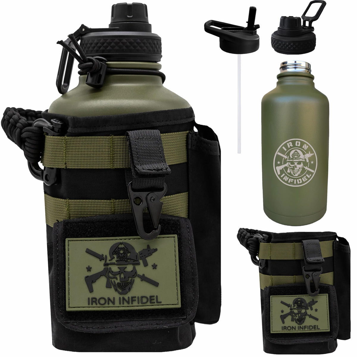 Iron Infidel Battle Bottle - One Gallon Insulated Water Bottle with Dual Carry Handles - 128 oz Tactical Stainless Steel Water Jug & Rugged Extra Large Sleeve With Storage (Black Camo 128 Ounces)