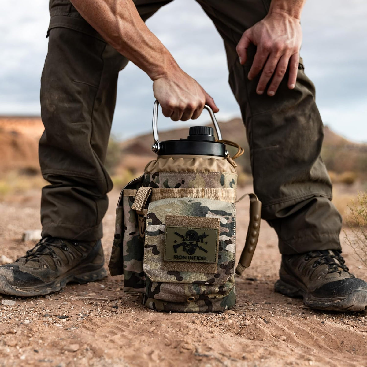 Iron Infidel Battle Bottle - One Gallon Insulated Water Bottle with Dual Carry Handles - 128 oz Tactical Stainless Steel Water Jug & Rugged Extra Large Sleeve With Storage (OCP Camo 128 Ounces)