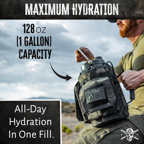 Iron Infidel Battle Bottle - One Gallon Insulated Water Bottle with Dual Carry Handles - 128 oz Tactical Stainless Steel Water Jug & Rugged Extra Large Sleeve With Storage (Black Camo 128 Ounces)