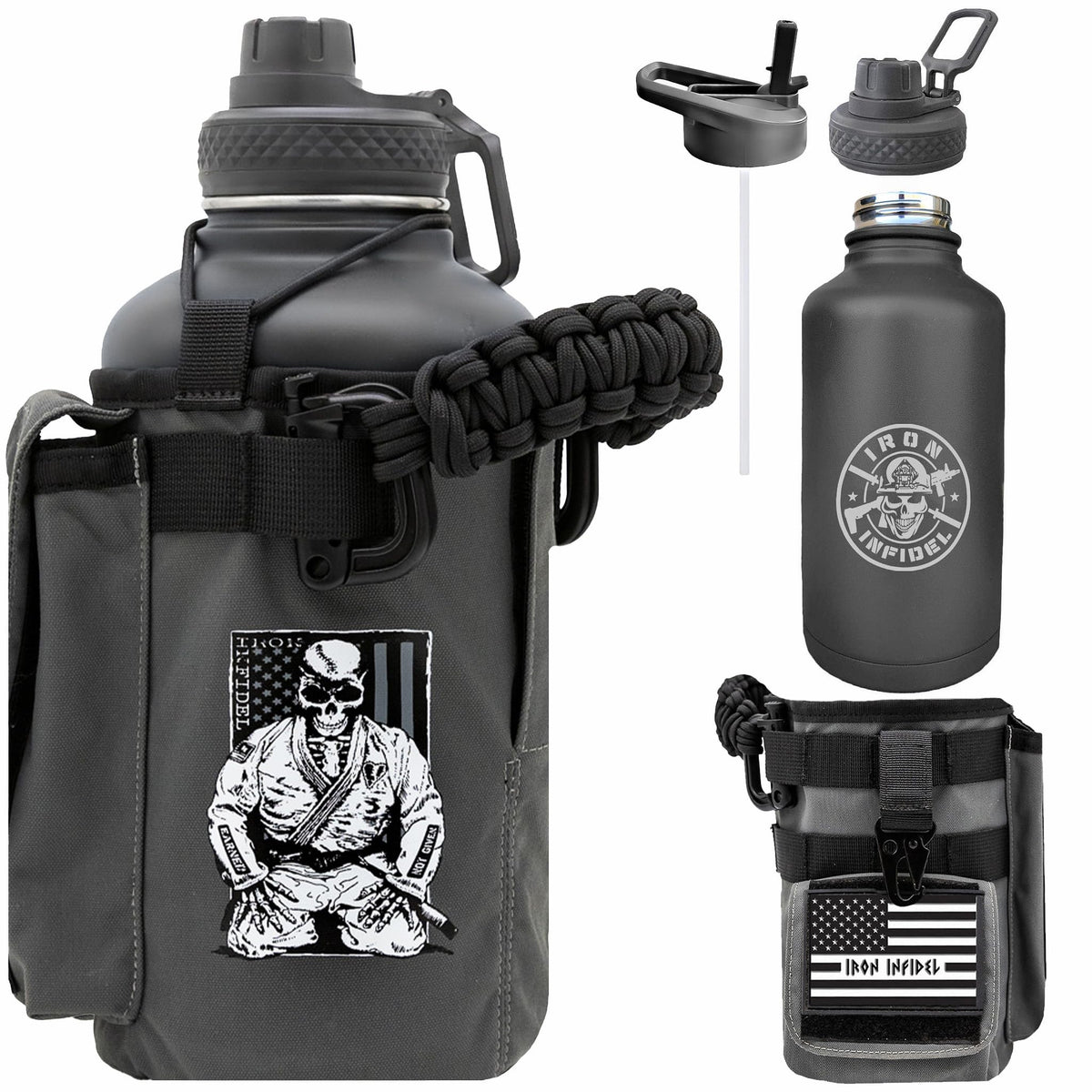 Iron Infidel Battle Bottle - One Gallon Insulated Water Bottle with Dual Carry Handles - 128 oz Tactical Stainless Steel Water Jug & Rugged Extra Large Sleeve With Storage (OCP Camo 128 Ounces)