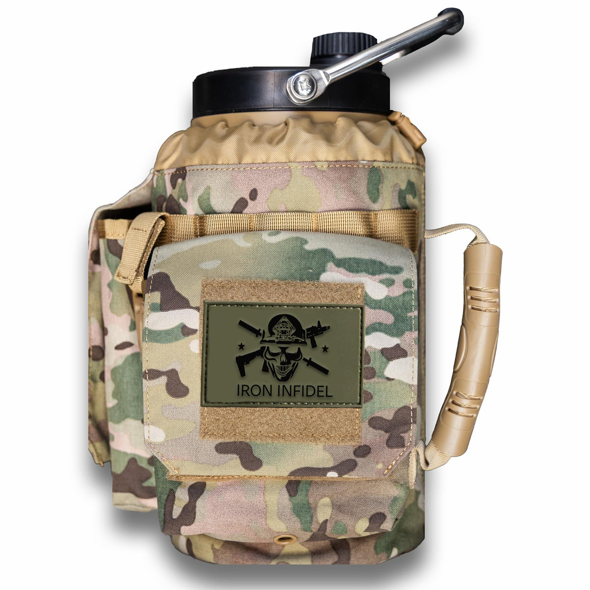 Iron Infidel Battle Bottle - One Gallon Insulated Water Bottle with Dual Carry Handles - 128 oz Tactical Stainless Steel Water Jug & Rugged Extra Large Sleeve With Storage (Black Camo 128 Ounces)