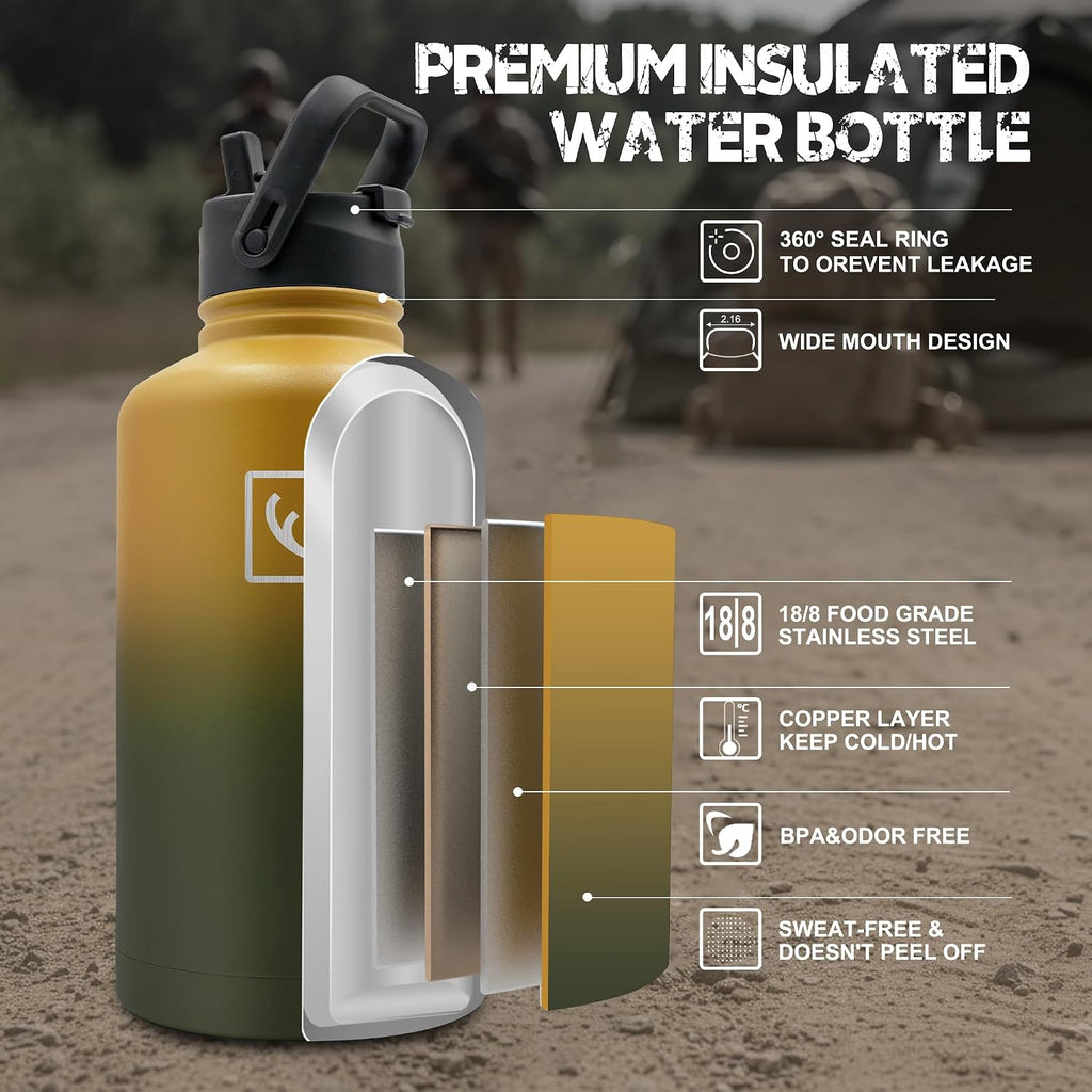 NATURE PIONEOR 64 oz Tactical Water Bottle with MOLLE Bottle Pouch & 3 Lids