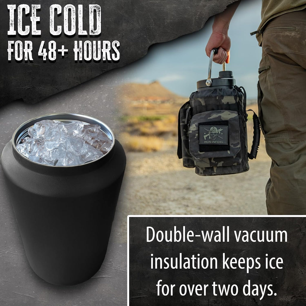 Iron Infidel Battle Bottle - One Gallon Insulated Water Bottle with Dual Carry Handles - 128 oz Tactical Stainless Steel Water Jug & Rugged Extra Large Sleeve With Storage (Black Camo 128 Ounces)