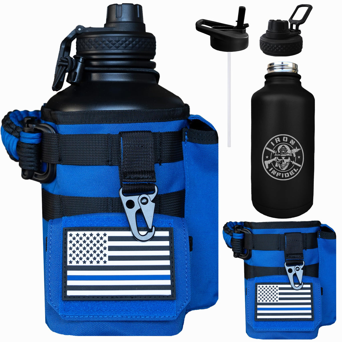 Iron Infidel Battle Bottle - One Gallon Insulated Water Bottle with Dual Carry Handles - 128 oz Tactical Stainless Steel Water Jug & Rugged Extra Large Sleeve With Storage (Black Camo 128 Ounces)