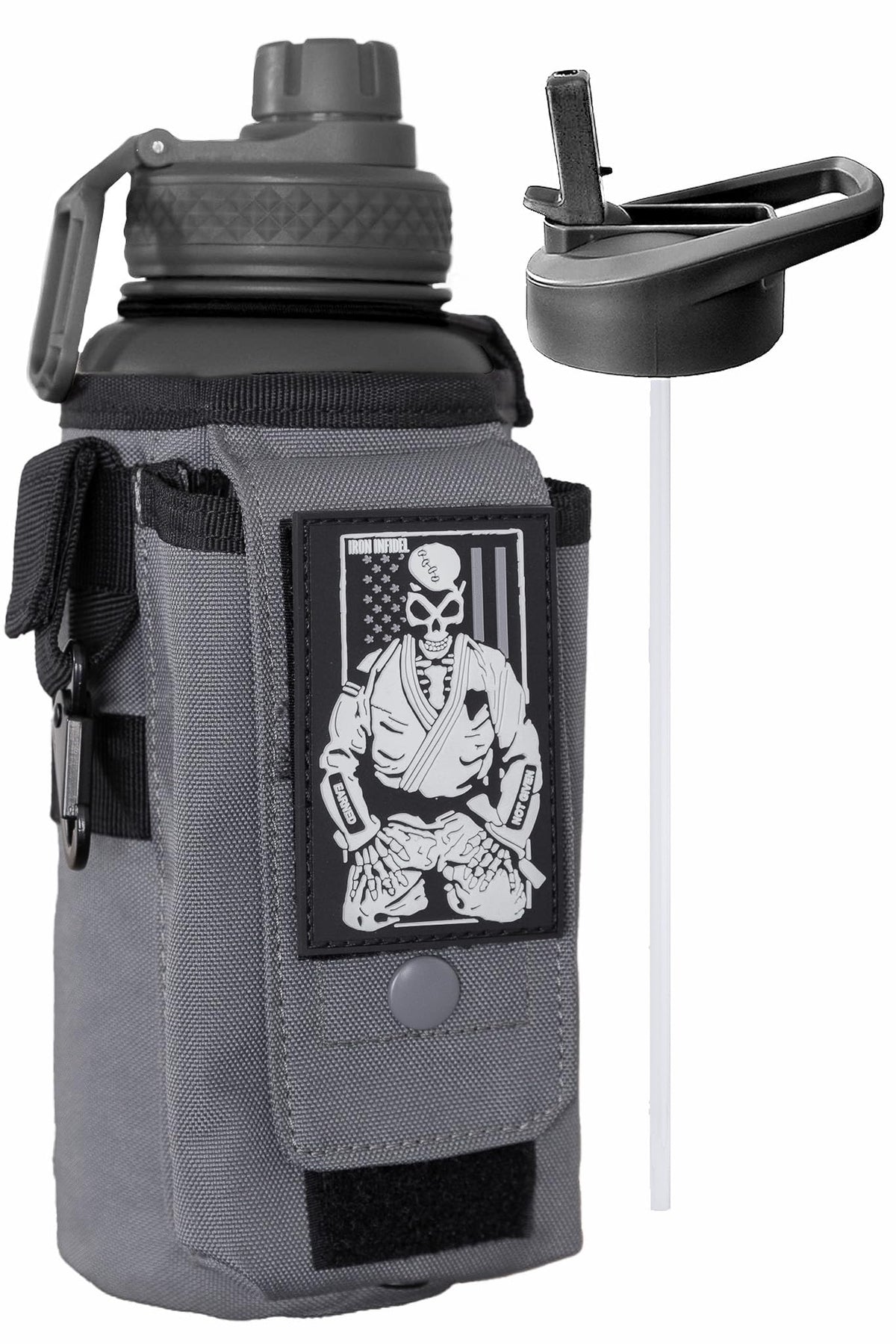 Iron Infidel Battle Bottle - One Gallon Insulated Water Bottle with Dual Carry Handles - 128 oz Tactical Stainless Steel Water Jug & Rugged Extra Large Sleeve With Storage (Black Camo 128 Ounces)