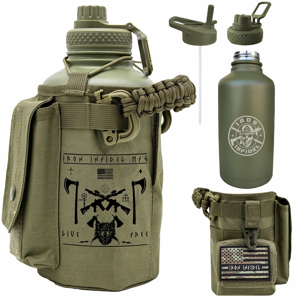 Iron Infidel Battle Bottle - One Gallon Insulated Water Bottle with Dual Carry Handles - 128 oz Tactical Stainless Steel Water Jug & Rugged Extra Large Sleeve With Storage (Betsy 128 Ounces)