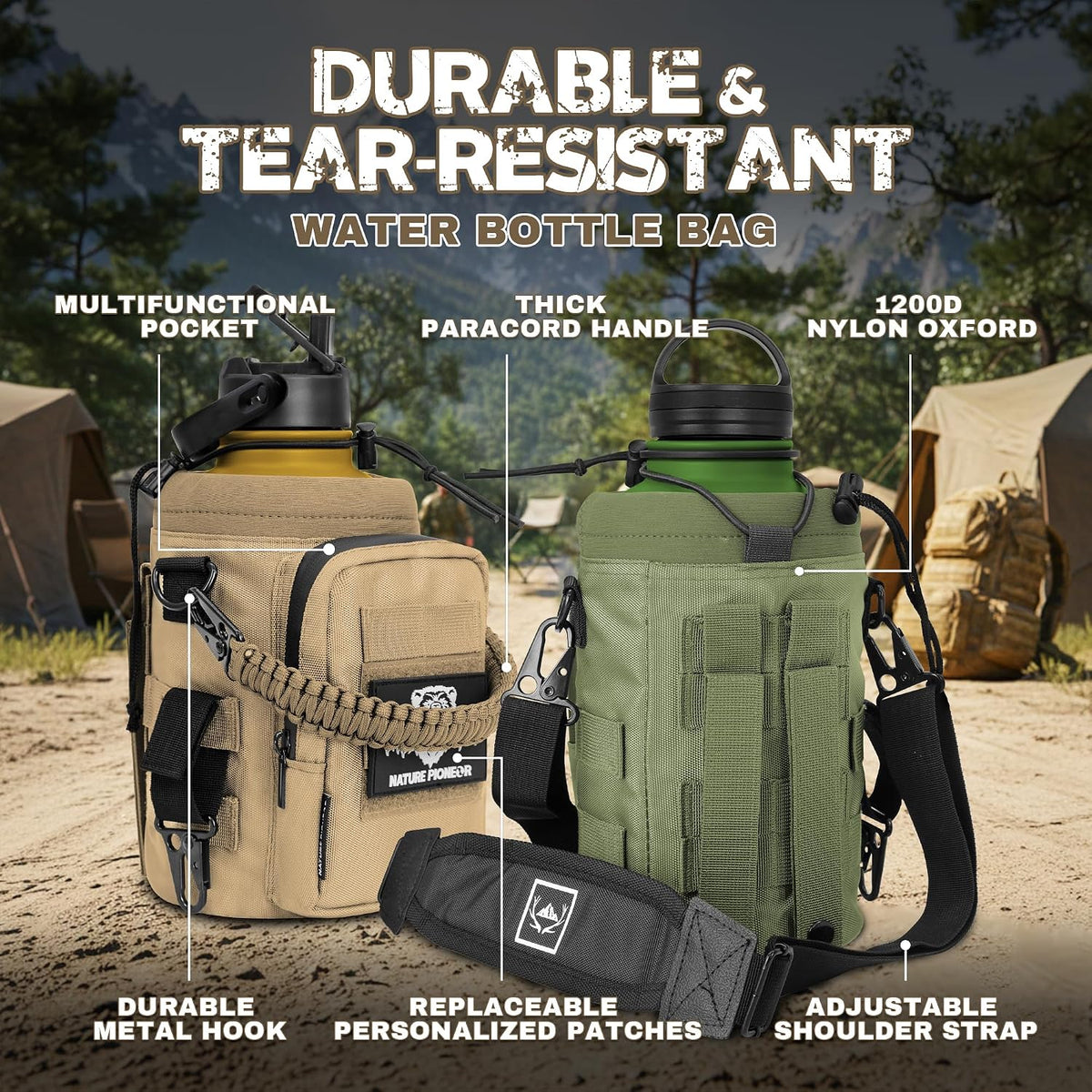 NATURE PIONEOR 64 oz Tactical Water Bottle with MOLLE Bottle Pouch & 3 Lids